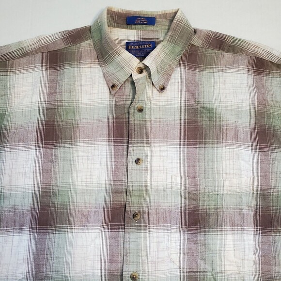 Pendleton Other - Pendleton 100% Cotton Button Up Shirt Size L Large Plaid Short Sleeve Brown Grn